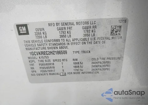 2017 Chevrolet Silverado 1500 1Lt from USA, damaged, VIN 1GCVKREC2HZ186509
